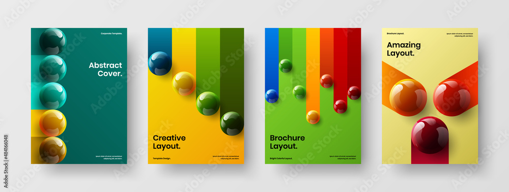 Clean placard A4 design vector template bundle. Fresh 3D spheres journal cover illustration composition.