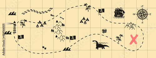 illustrazione vettoriale mappa del tesoro caccia ricerca percorso ostacoli indizi impronte montagna tenda mostro abeti alberi bandiere accampamento pale deserto bosco photo