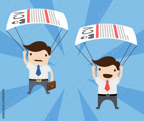 Illustrazione vettoriale paracadute cv curriculum vitae salto tuffo lavoro assumere ferie vacanze licenziare entusiasmo libertà ufficio stage impiego lavoro cercare offrire
