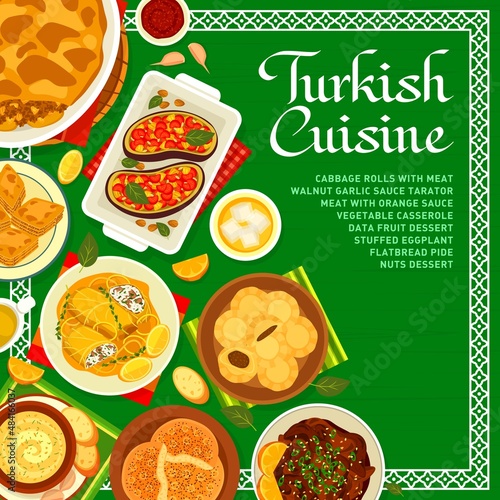 Turkish cuisine menu cover template with halal food vector dishes. Vegetable moussaka, beef meat with orange sauce and nut tarator, flatbread pide, baklava, stuffed eggplant and date dessert