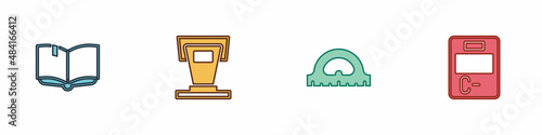 Set Open book, Stage stand, Protractor grid and Exam paper with incorrect answers icon. Vector