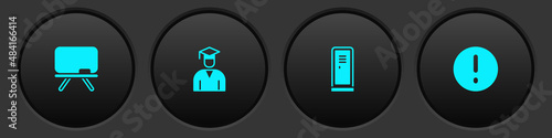 Set Chalkboard, Graduate and graduation cap, Locker or changing room and Speech bubble Exclamation icon. Vector