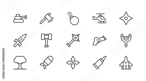 Editable vector pack of weapon  line icons.