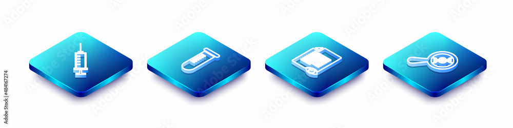 Set Isometric line Syringe, Test tube or flask, Paper page with eye and DNA research, search icon. Vector Set Isometric line Syringe, Test tube or flask, Paper page with eye and DNA research, search icon. Vector