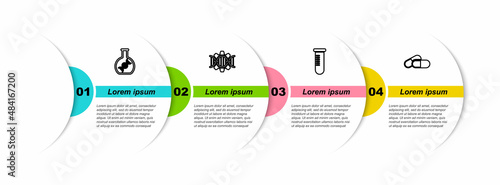 Set line DNA research, search, Genetic engineering, Test tube or flask and Medicine pill tablet. Business infographic template. Vector