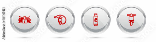 Set line Cyber security, Electric scooter, USB flash drive with lock and Scooter. Silver circle button. Vector