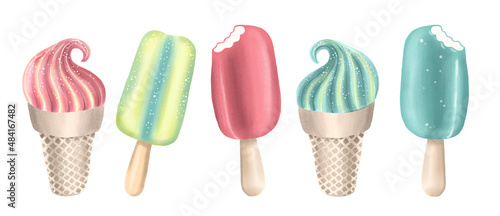 Colorful ice cream set isolated on white background, digital illustration.