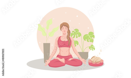 Woman crossed her legs for meditation in the yoga lotus position with house plants and flowers and sleep cat. Practice meditation. Zen and harmony concept. Colored flat vector illustration isolated
