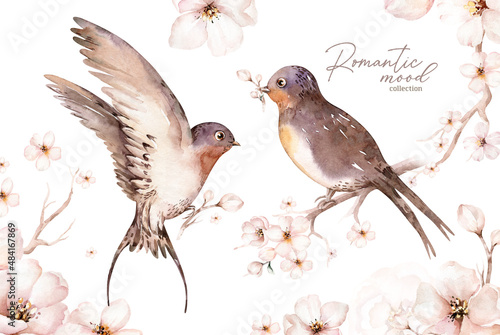 Watercolor spring flying swallows isolated and blossom flowers on white background