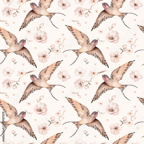 Watercolor spring flying swallows isolated and blossom flowers seamless pattern fabric background