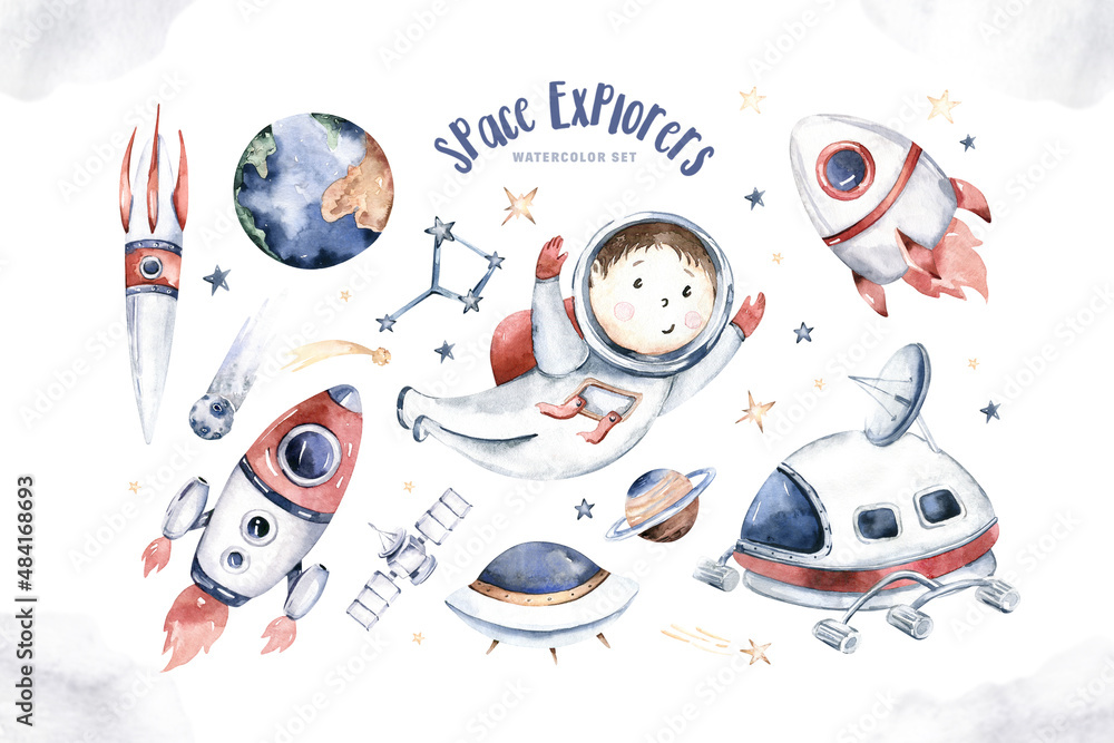 Astronaut baby boy space suit, cosmonaut stars, moon, rocket and