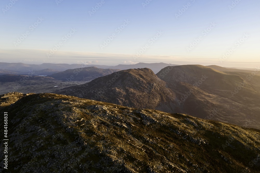 Aerial view of the Rhinogydd mountain range in Snowdonia Wales