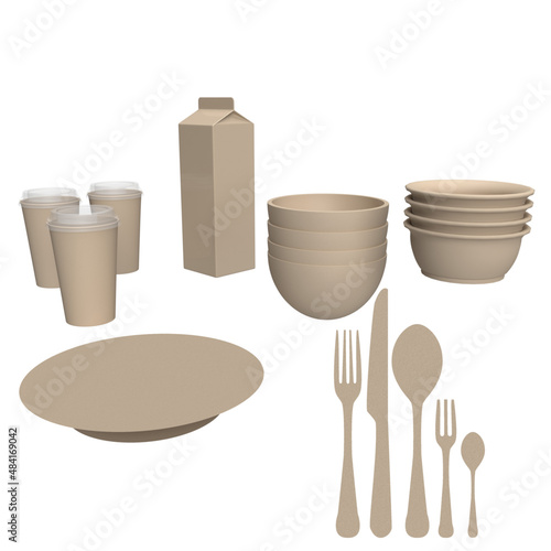 3D Illustration - Set von umweltfreundlichem Bagasse Geschirr für Lebensmittel und Getränke
