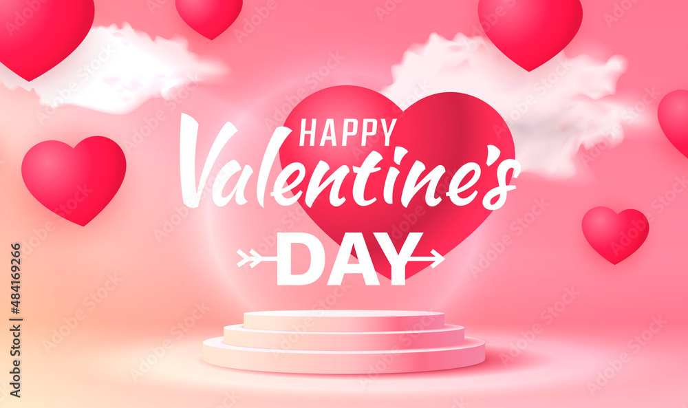 Happy stage podium heart, Stage Podium Scene Red heart of Valentines Day on color Background. Vector