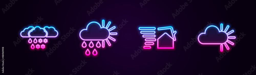Set line Cloud with snow and rain, Cloudy sun, Tornado swirl and . Glowing neon icon. Vector Set line Cloud with snow and rain, Cloudy sun, Tornado swirl and . Glowing neon icon. Vector