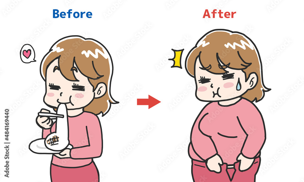 正月太りビフォー、アフターのイラスト 正月太りビフォー、アフターのイラスト