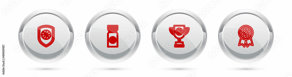 Set line Shield in the basketball ball, Basketball game ticket, Award cup with and award. Silver circle button. Vector Set line Shield in the basketball ball, Basketball game ticket, Award cup with and award. Silver circle button. Vector