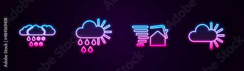 Set line Cloud with snow and rain, Cloudy sun, Tornado swirl and . Glowing neon icon. Vector