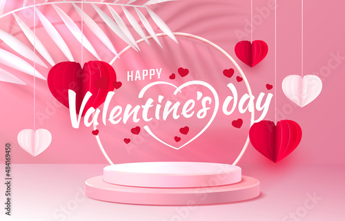 Happy stage podium heart, Stage Podium Scene Red heart of Valentines Day on color Background. Vector