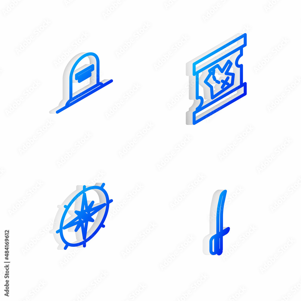 Set Isometric line Pirate treasure map, Tombstone with RIP written, Wind rose and sword icon. Vector Set Isometric line Pirate treasure map, Tombstone with RIP written, Wind rose and sword icon. Vector