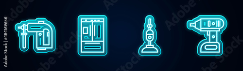 Set line Rotary hammer drill machine, Refrigerator, Vacuum cleaner and Electric cordless screwdriver. Glowing neon icon. Vector