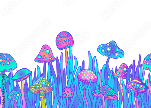 Colorful flowers and mushrooms pattern, retro 60s, 70s hippie style background. Vintage psychedelic textile, fabric, wallpaper. Vector magic floral illustration.
