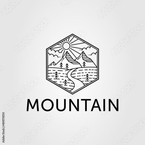 mountain with sunburst and pine tree logo vector illustration design