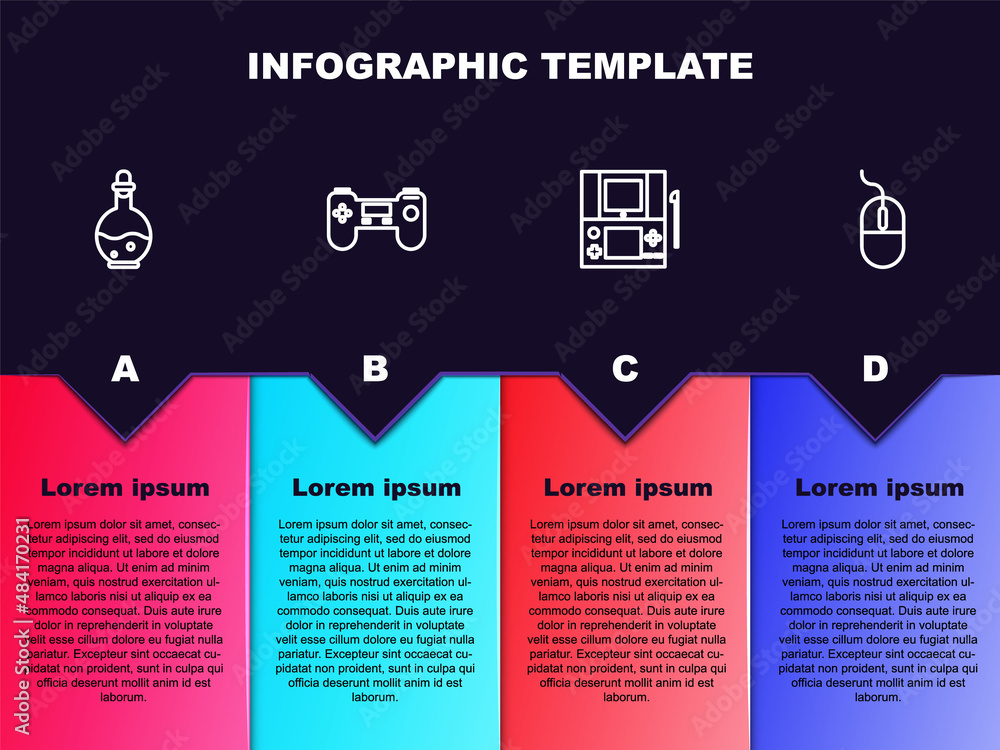 Set line Bottle with magic elixir, Gamepad, Portable video game console and Computer mouse. Business infographic template. Vector Set line Bottle with magic elixir, Gamepad, Portable video game console and Computer mouse. Business infographic template. Vector