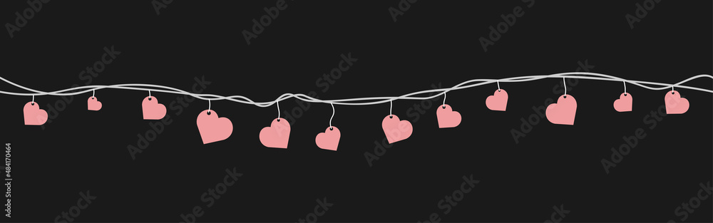 Pink hearts hanging on dark background seamless border. Vector illustration for patterns, banner, wedding invitation, packaging.