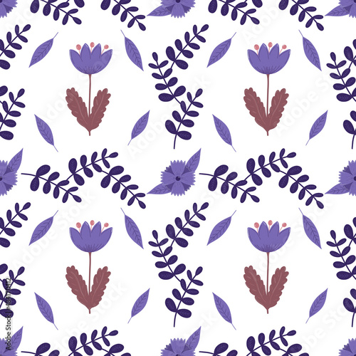 Hand drawn seamless pattern of flowers and leaves