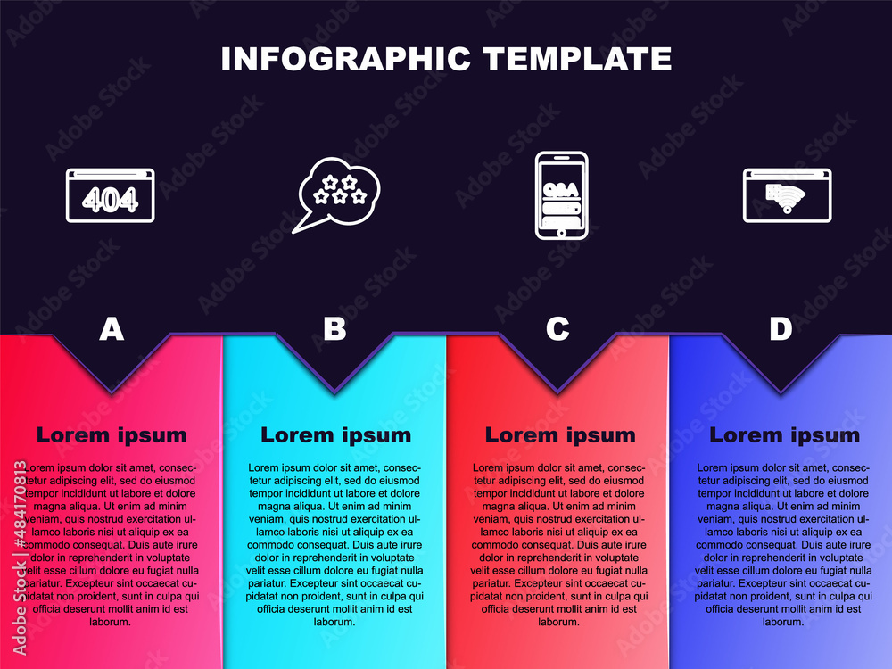 Fototapeta premium Set line Page with a 404 error, Five stars rating review, Mobile Question and Exclamation and No Internet connection. Business infographic template. Vector