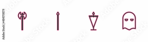 Set line Medieval axe, flag, spear and Executioner mask icon. Vector