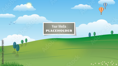 Your media placeholder. Simulate photo or video. Calm summer landscape. Aspect ratio 16:9. Vector illustration