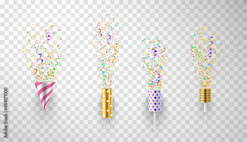 Realistic holiday crackers collection vector festival party confetti serpentine ribbon explosion