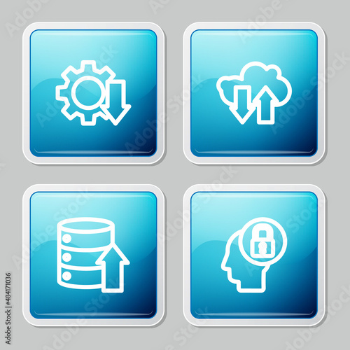 Set line Cost reduction, Cloud download and upload, Server, Data, Web Hosting and Human head with lock icon. Vector