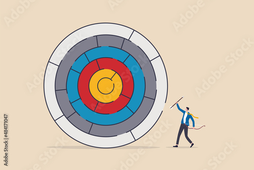 Finding solution to reach goal, overcome difficulty, solving problem to achieve target, path to success and challenge, businessman with bow and arrow finding the way of mess puzzle to reach target.