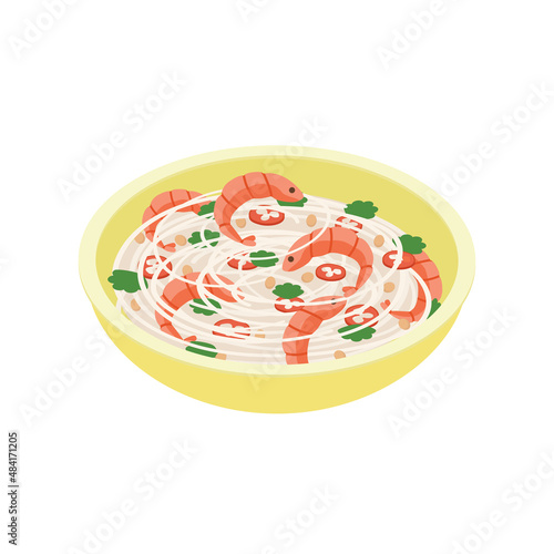 Noodle with shrimp, pad thai, pasta - Isometric vector illustration in flat design. 
