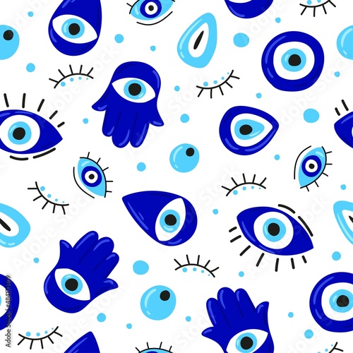 Seamless pattern with Cartoon Evil eyes. Blue Evil eye, Hamsa, Hand of Fatima, Eye of Providence. Vector illustrations of amulets for print, fabric, wallpaper, clothing, wrapping paper.