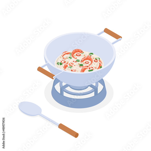 Noodle with shrimp, pad thai, wok - isometric vector illustration in flat design.
