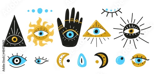 Evil eyes. Set of hand drawn different mascots. Evil eye, Hamsa, Hand of Fatima, Eye of Providence. Vector illustrations of amulets in blue. Freehand drawing style. Isolated on white.