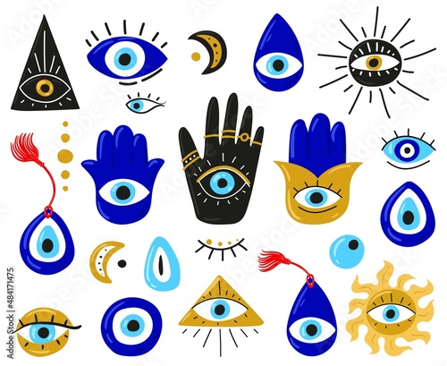 Evil eyes. Set of hand drawn different mascots. Evil eye, Hamsa, Hand of Fatima, Eye of Providence. Vector illustrations of amulets in blue. Freehand drawing style. Isolated on white.