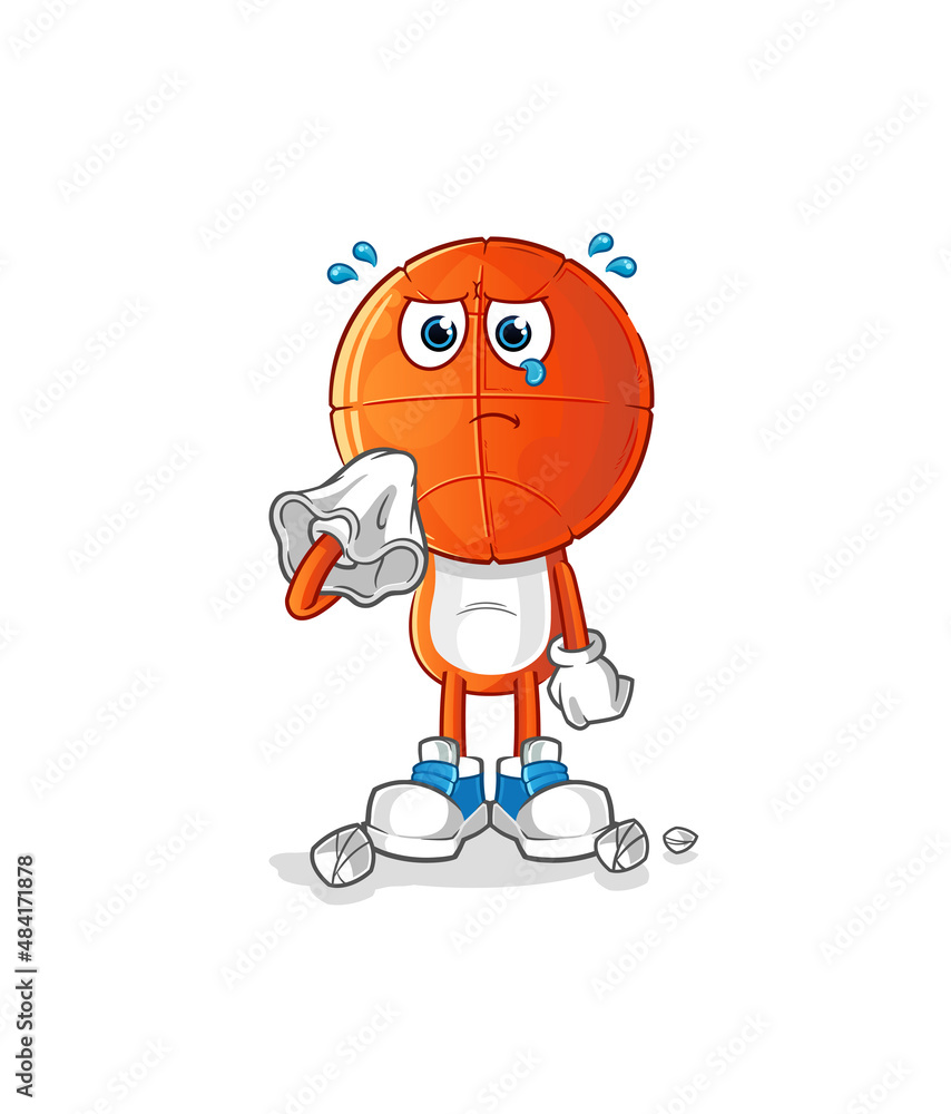 basketball head cartoon cry with a tissue. cartoon mascot vector