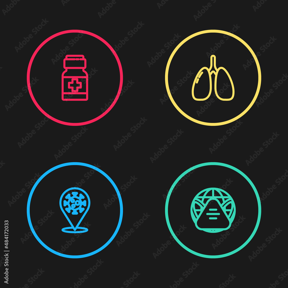 Set line Corona virus 2019-nCoV on location, Earth with medical mask, Lungs and Medicine bottle and pills icon. Vector Set line Corona virus 2019-nCoV on location, Earth with medical mask, Lungs and Medicine bottle and pills icon. Vector