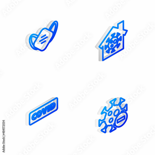 Set Isometric line Stay home, Medical protective mask, Corona virus covid-19 and Negative icon. Vector
