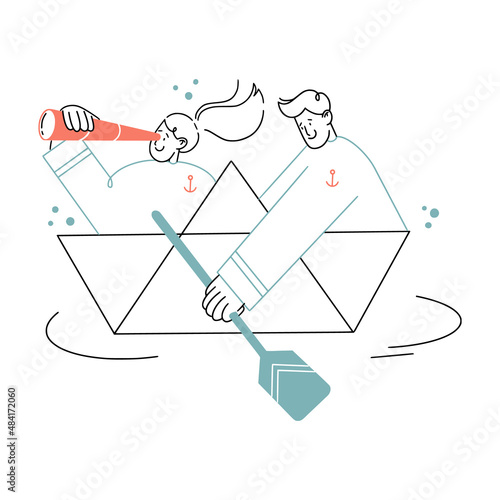 Vector hand drawn business concept illustration about teamwork. Woman and man in the same clothes are sitting in a boat. Woman holds spyglass, man is rowing by paddle. 
