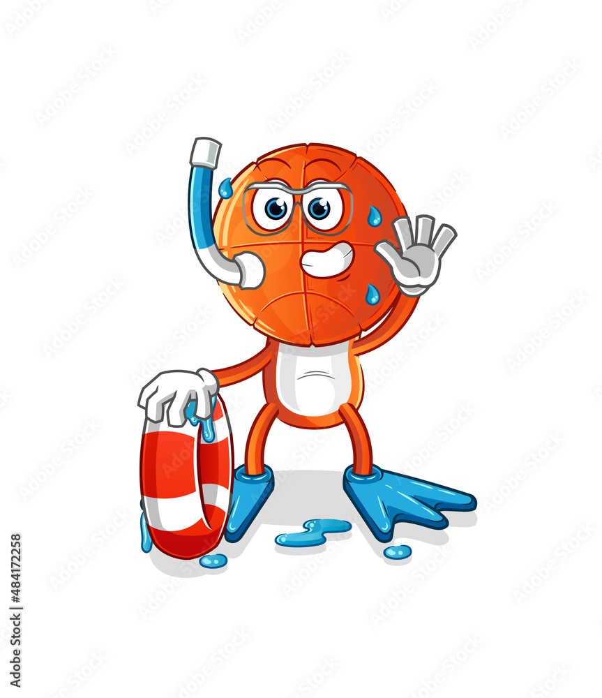 basketball head cartoon swimmer with buoy mascot. cartoon vector basketball head cartoon swimmer with buoy mascot. cartoon vector