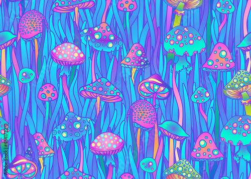 Magic mushrooms seamless pattern. Psychedelic hallucination. 60s hippie colorful art. Vintage psychedelic textile, fabric, wrapping, wallpaper. Vector repeating illustration.