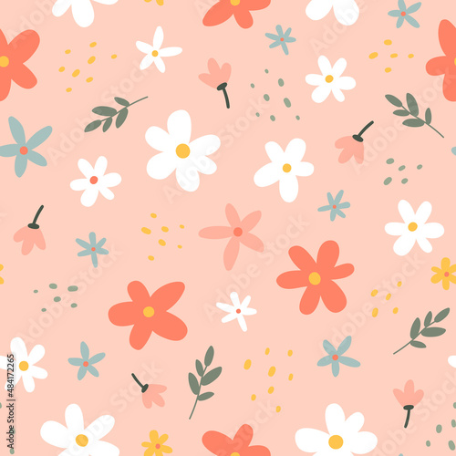 Seamless pattern with blooming flowers on a pink background. Vector texture. Design for wallpaper, web page background, textile, wrapping paper.