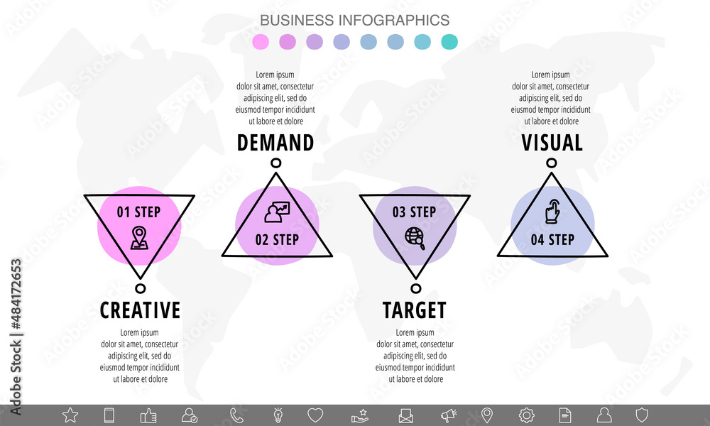 Vector hand-drawn infographics with four circles and triangles. Modern concept graphic process template with 4 steps and symbols. Sketch business timeline for project on white background Vector hand-drawn infographics with four circles and triangles. Modern concept graphic process template with 4 steps and symbols. Sketch business timeline for project on white background