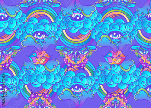Psychedelic vector seamless pattern: trippy butterflies, all-seeing eye, lips, rainbow, clousd. Background with psychedelic elements.